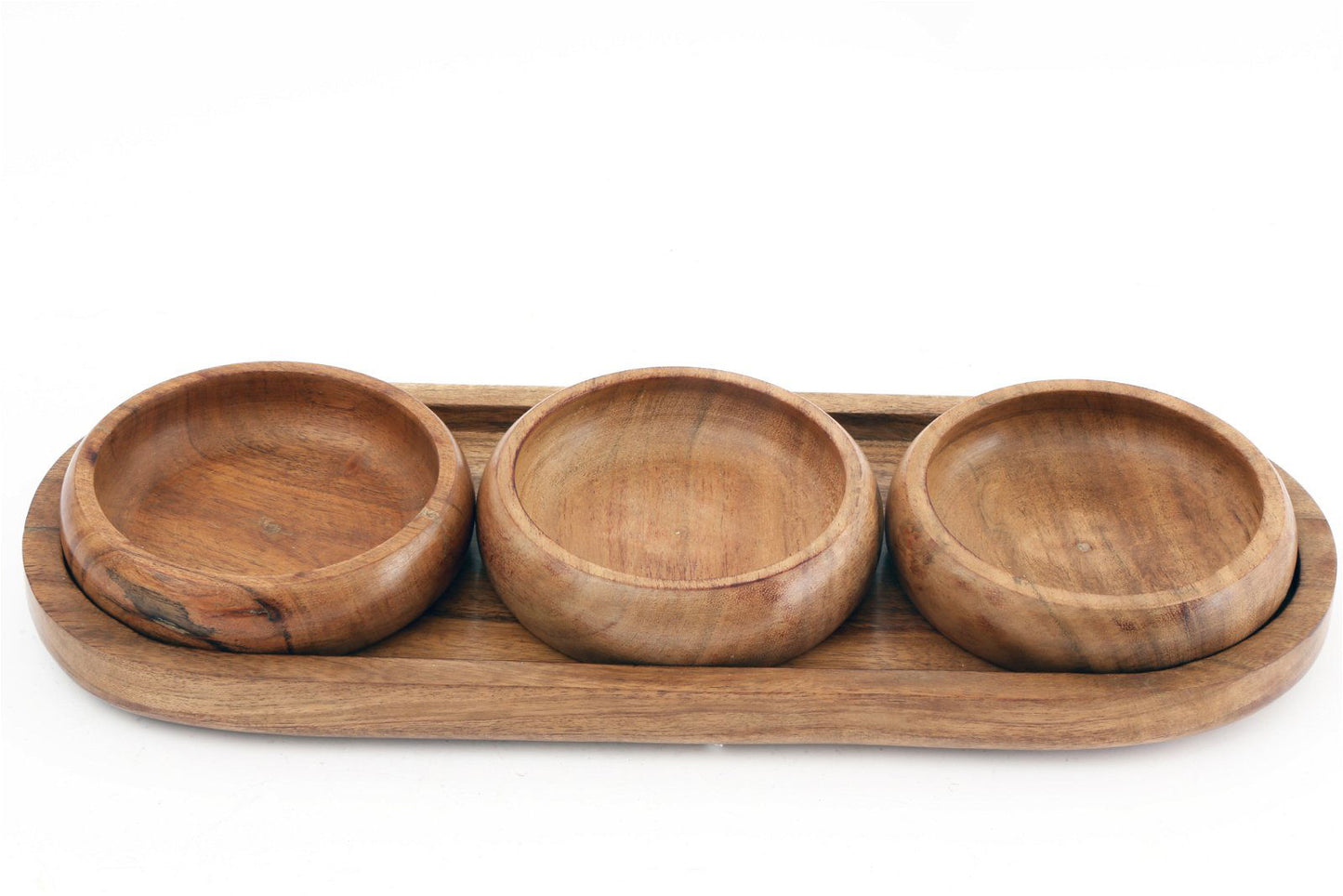 Set Of Three Bowls & Wooden Tray