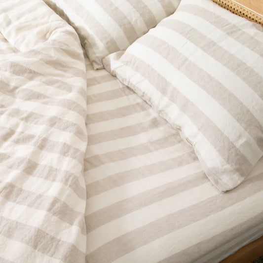 Natural Stripes Super King 100% Linen Fitted Sheet