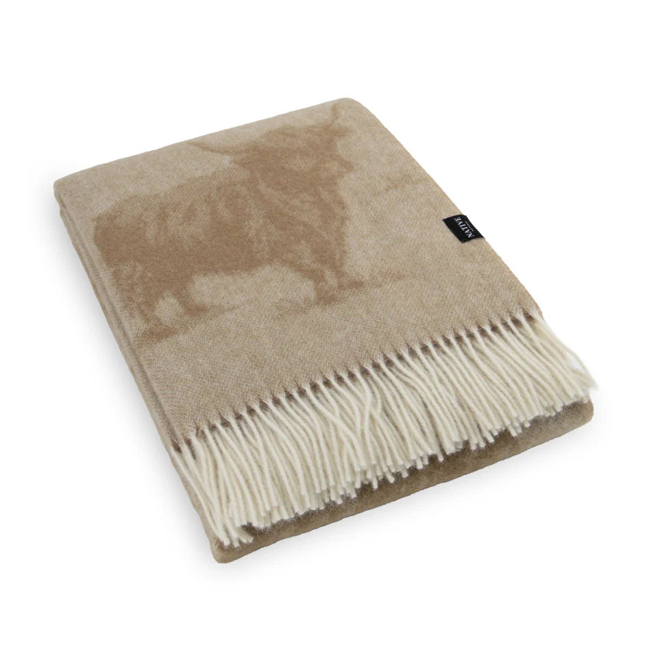 Highland Cow Beige Wool Blanket