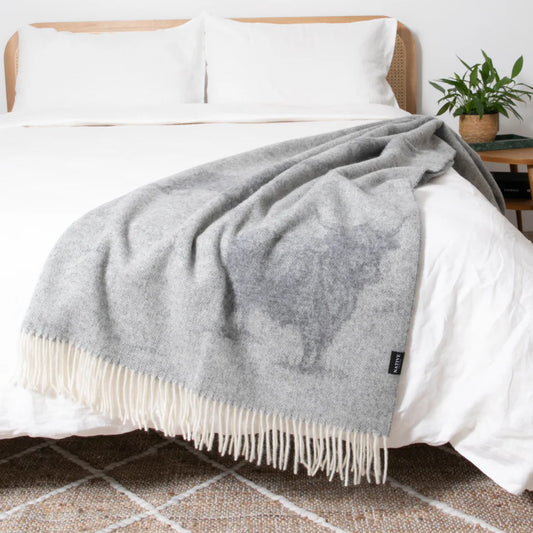 Highland Cow Grey Wool Blanket