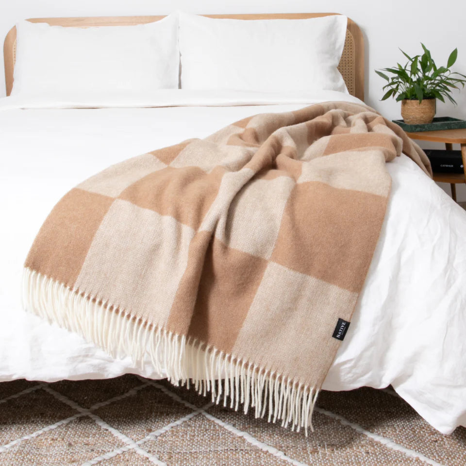 Checkerboard Beige Wool Blanket