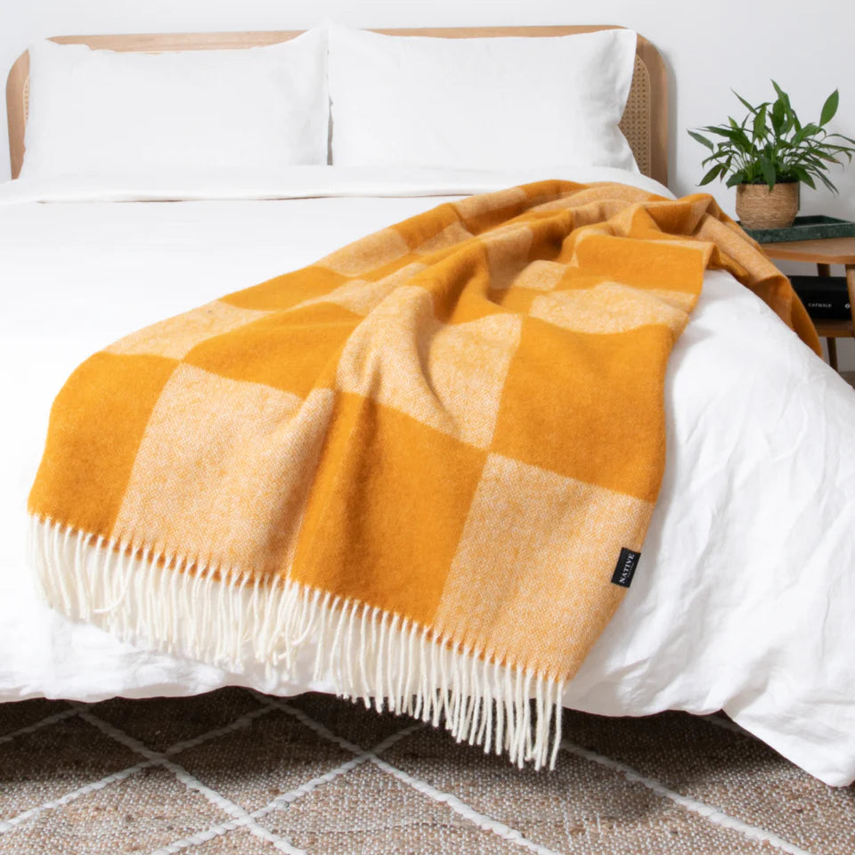 Checkerboard Orange Wool Blanket